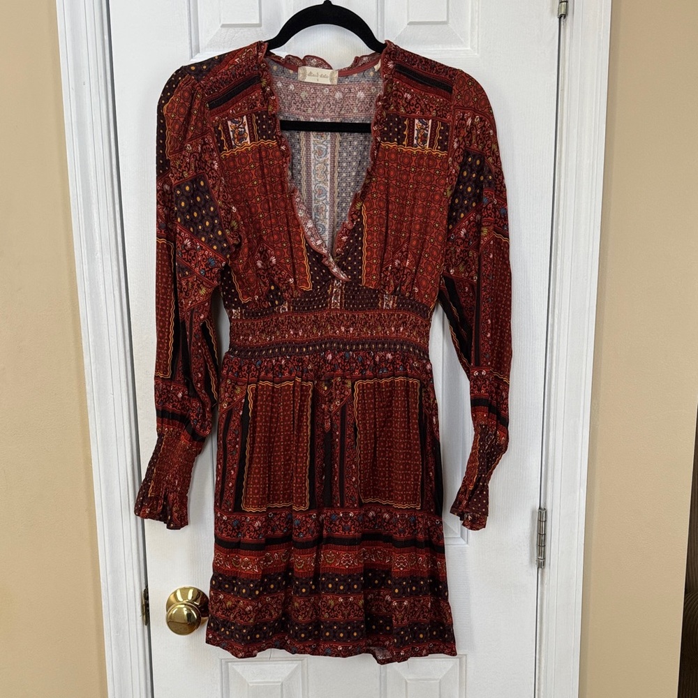 Altar'd State Burgundy Patterned Long Sleeve Dress